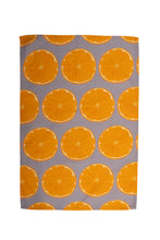 Load image into Gallery viewer, Orange slice design tea towel with grey background flat showing design repeated over whole towel
