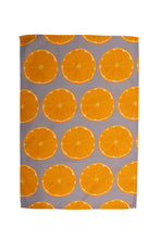 Load image into Gallery viewer, Orange slice design tea towel with grey background flat showing design repeated over whole towel