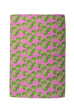 Load image into Gallery viewer, Pink and green brussel sprout design out flat showing design repeated over whole towel