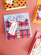 Load image into Gallery viewer, Birthday Bow Shaped Greeting Card - Red Blue Check
