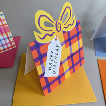Load image into Gallery viewer, Birthday Bow Shaped Greeting Card - Red Blue Check
